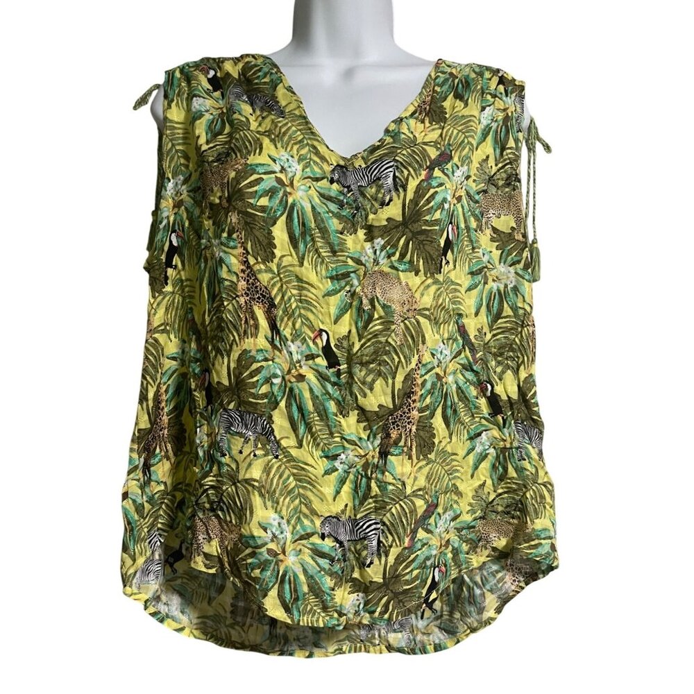 Jane + Delancey Womens Tropical Safari Jungle Print Sleeveless Top Tassel Ties M